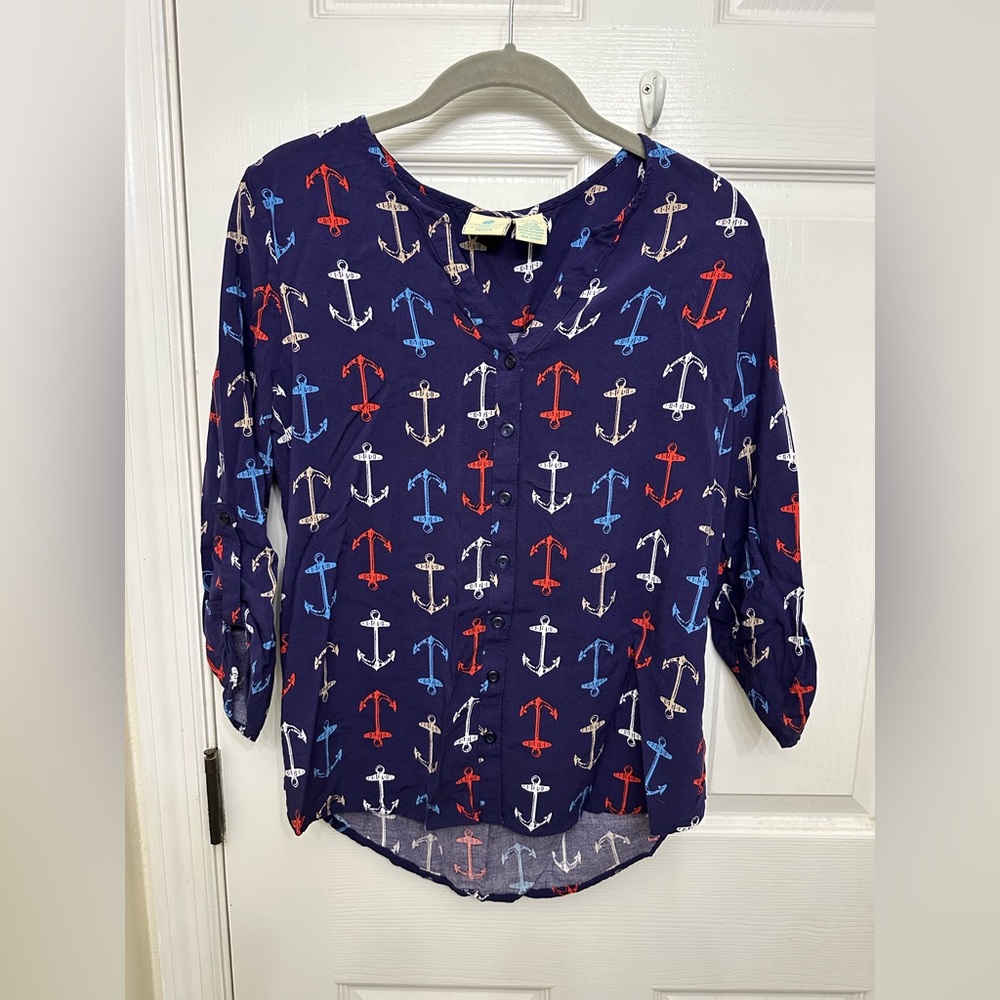 Caribbean Joe button down blouse anchor nautical print size large petite
